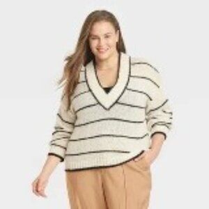 Women's V-Neck Pullover Sweater - A New Day Target Brand Cream Striped 2X